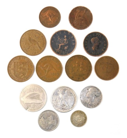 A group of George III and later copper coinage, to include an inverted 1799 halfpenny, 1807 halfpenny, George IV halfpenny, Elizabeth II 1964 Jersey copper coin, world coinage to include a New Zealand 1964 one penny, Australian 1957 penny, American 1934 h