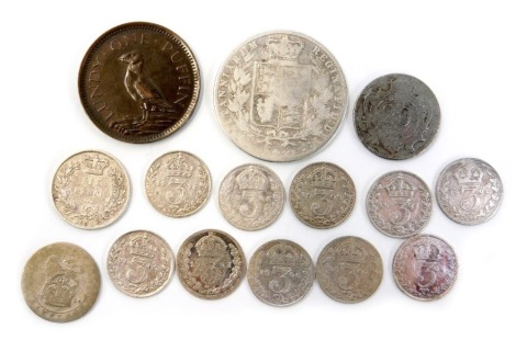 A group of silver and other coinage, to include a Victorian 1874 half crown, Edward VII threepences, together with a 1929 Lundy One Puffin copper coin, weighable silver 29.3g.