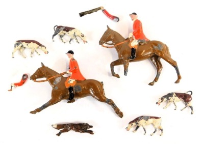 Two mid century Britains lead figures of huntsman on horseback, together with four hounds and a fox, each rider on horseback 7.5cm high. (AF)