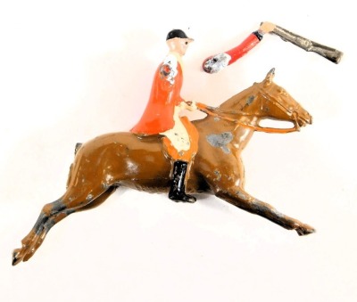 Two mid century Britains lead figures of huntsman on horseback, together with four hounds and a fox, each rider on horseback 7.5cm high. (AF) - 2