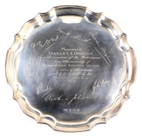 An Elizabeth II silver salver, with piecrust border, presentation engraved to 'Stanley E Dodson on the Occasion of his Retirement from Chairmanship of Peterborough Building Society as a token of the esteem in which he is Held by his Fellow Directors 1972'