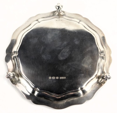 A George VI silver card tray, with piecrust border raised on three ball and claw feet, James Dixon and Sons Ltd, Sheffield 1944, 7.34oz, 15cm diameter. - 2