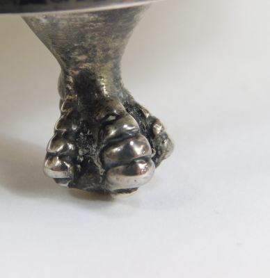 A George VI silver card tray, with piecrust border raised on three ball and claw feet, James Dixon and Sons Ltd, Sheffield 1944, 7.34oz, 15cm diameter. - 3