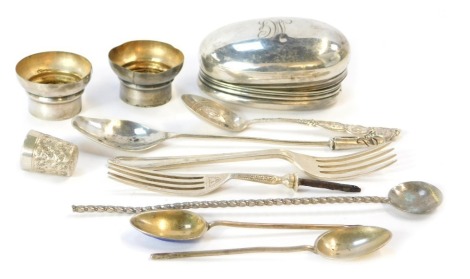 A group of small silver, to include dressing table bottle lids, thimble, enamelled coffee spoons, flatware, etc., weighable silver 4.02oz.