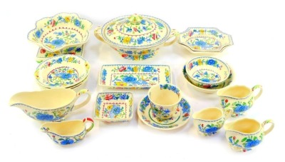 A group of Masons ironstone Regency pattern pottery, to include a two handled tureen and cover, gravy boat, two milk jugs, trinket dishes, breakfast bowls, etc.