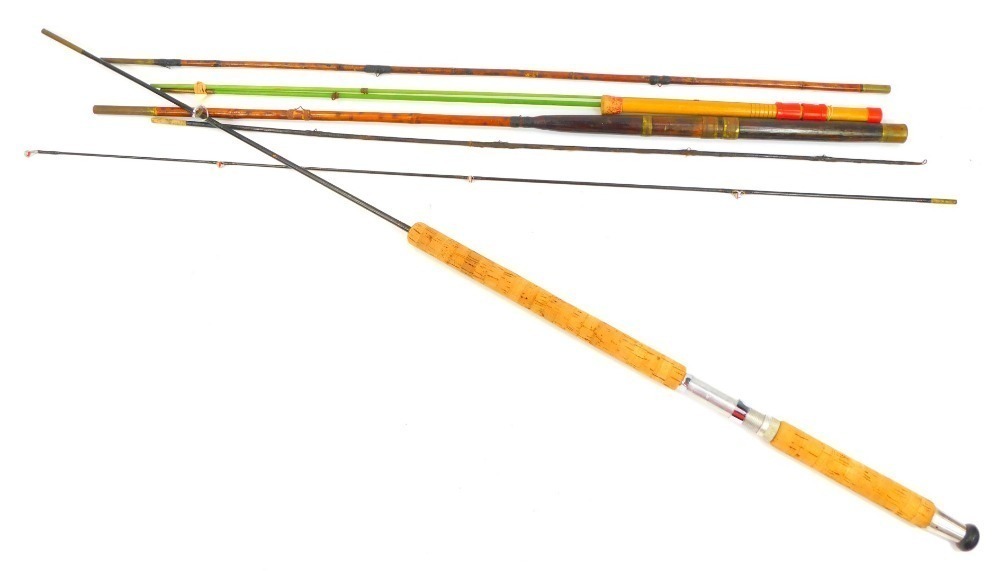 Three fishing rods, comprising a Milbro 1960s two piece solid fibre glass spinning  rod, a 19thC