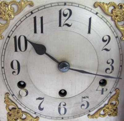 A late 19thC/early 20thC oak cased mantel clock, with a silvered Arabic numeric dial, with chime and silent, Westminster chime, 50cm high, 33cm wide, 19cm deep. - 3