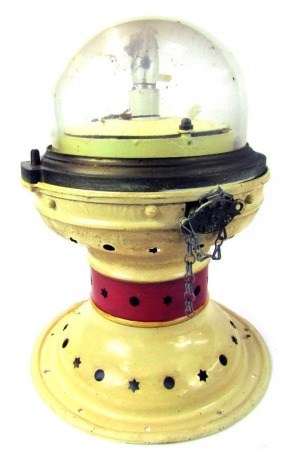 An early 20thC GWR cast iron station lamp, converted to a table lamp, with a hinged glass dome cover, marked for J. Chater and Sons, London, the base with pierced moon and star decoration, with a screw, having brass plate for GWR London, 44cm high.