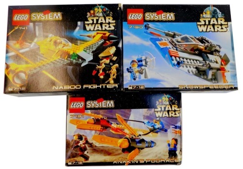 Three Star Wars Lego System sets, comprising Anakin's Pod Racer, 7131, Snow Speeder, 7130, and Naboo Fighter, 7141, boxed.