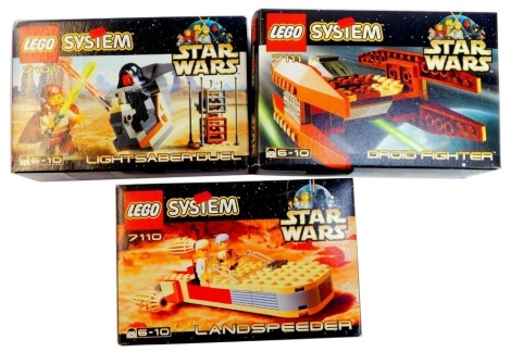 Three Star Wars Lego System sets, comprising Droid Fighter, 7111, Lightsabre Duel, 7101, and Land Speeder, 7110, boxed.