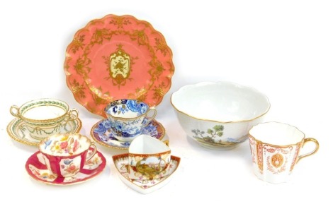 A group of 19thC porcelain, to include a Dresden teacup and saucer, of rounded triangular form decorated with reserves depicting figures before boats, printed marks, a Wedgwood teacup, bowl, a Copeland Spode two handled cup and saucer, a Royal Crown Derby