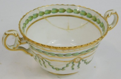 A group of 19thC porcelain, to include a Dresden teacup and saucer, of rounded triangular form decorated with reserves depicting figures before boats, printed marks, a Wedgwood teacup, bowl, a Copeland Spode two handled cup and saucer, a Royal Crown Derby - 4