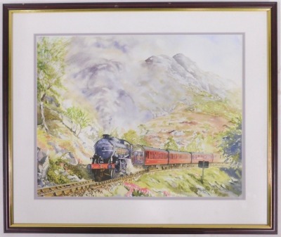 Christopher Ware (20thC School). The Jacobite 62005, study of a steam train in mountainous landscape, watercolour, signed, 34.5cm x 43.5cm. - 2