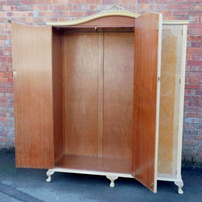 A Queen Anne style burr walnut triple wardrobe, with hanging rail, and fitted with an arrangement of drawers. - 3