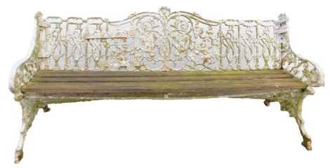 A 19thC Coalbrookdale style cast iron bench, the back and end supports decorated with floral and scroll motifs, with a slatted seat, 186cm wide. (AF)