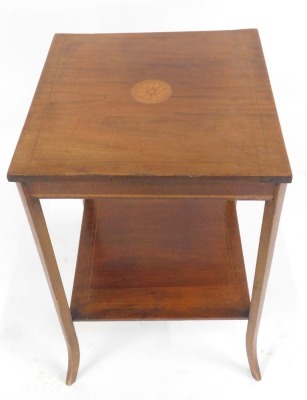 An Edwardian mahogany two tier occasional table, the square top with inlaid decoration, raised on slender square outswept legs, united by an under tier 72cm high, 45cm wide, 45cm deep. - 2