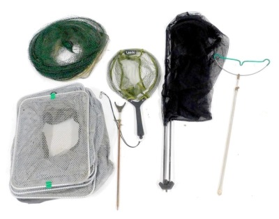 A group of fishing tackle, comprising two rod rests, keep nets, trout net, etc. (a quantity)