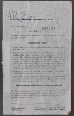 A pair of Acoustic Research International AR-2A Acoustic speakers, serial no EAX002473 and EAX002483, boxed, 61cm high. - 5