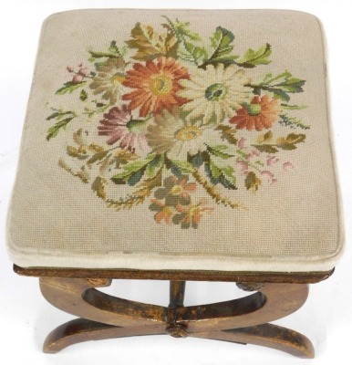 A Victorian oak X framed stool, with a floral wool work seat, 46cm wide. - 2