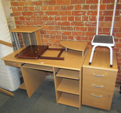 A modern computer desk, together with a three drawer filing cabinet, etc.