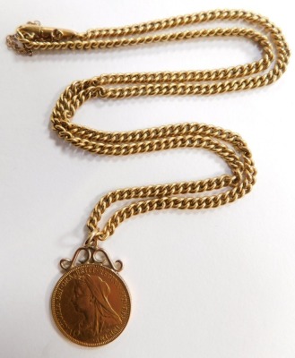 A Victorian gold sovereign 1894, with applied pendant mount and unmarked yellow metal curb necklace, 39.6g all in. - 3