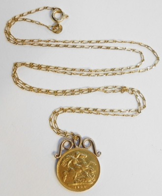 A Victorian gold half sovereign 1900, sand cast and applied pendant mount, on a fine 9ct gold necklace, 6.2g all in. - 3