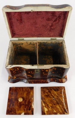 A Georgian tortoiseshell serpentine tea caddy, with silver and ivory inlay, the hinged lid opening to reveal two lidded compartments, raised on bun feet, 20cm wide. - 3