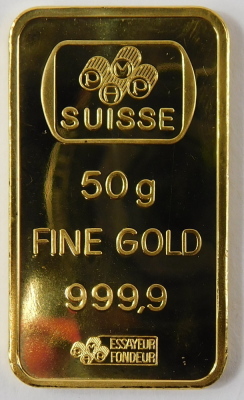 A Saudi Arabian fine gold ingot, the front displayed with lady with cornucopia of coins, the reverse marked Pmap Suisse 50g Fein Gold 999.9 chiasso, in plastic sealed case. - 2