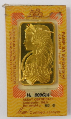 A Saudi Arabian fine gold ingot, the front displayed with lady with cornucopia of coins, the reverse marked Pmap Suisse 50g Fein Gold 999.9 chiasso, in plastic sealed case. - 2