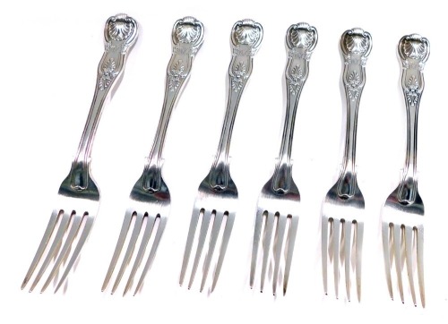 A set of six Victorian silver King's pattern dessert forks, initial engraved, Mary Chawner, London, various dates, 12.29oz.