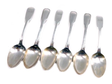 Six Victorian silver fiddle pattern teaspoons, various dates and makers, to include London 1840, some initial engraved 5.69oz.