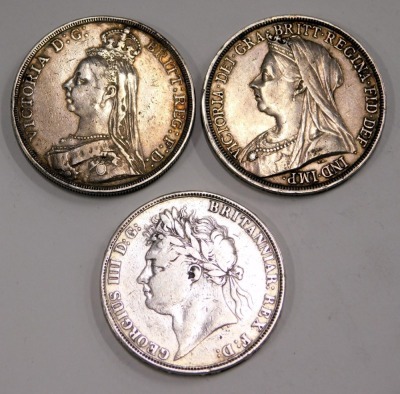 Three George III and later silver crowns, comprising 1822, 1893 and 1887, 83.9g all in. - 2