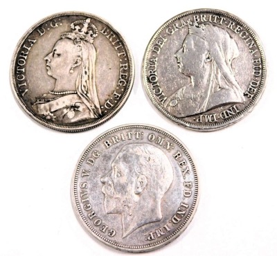 Three Victorian and later silver crowns, comprising 1895, 1887 and 1935, 83.9g all in. - 2