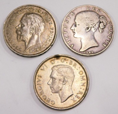 Three Victorian and later silver crowns, comprising 1845, 1937 and 1935, 84g all in. (3) - 2