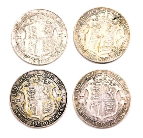 Four Edward VII silver half crowns, comprising 1908, 1906, 1902 and 1907, 55.5g all in. (4)