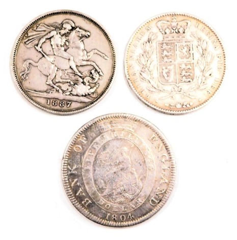 Three George III and later silver crowns, comprising Bank of England 1804, 1847 and 1887, 82.8g all in. (3)