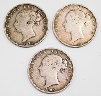 Three Victorian silver half crowns, comprising 1883 (x2) and 1875, 41.2g all in. - 2