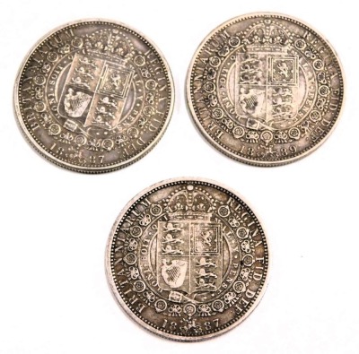 Three Victorian silver half crowns, comprising 1889, 1887 (x2), 42g all in. (3)