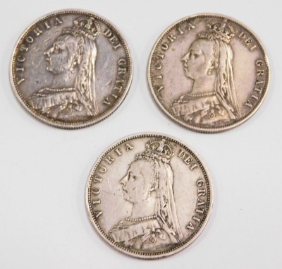 Three Victorian silver half crowns, comprising 1889, 1887 (x2), 42g all in. (3) - 2