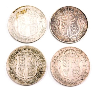 Four Edward VII silver half crowns, comprising 1906, 1909, 1902 and 1910, 55.9g all in. (4)