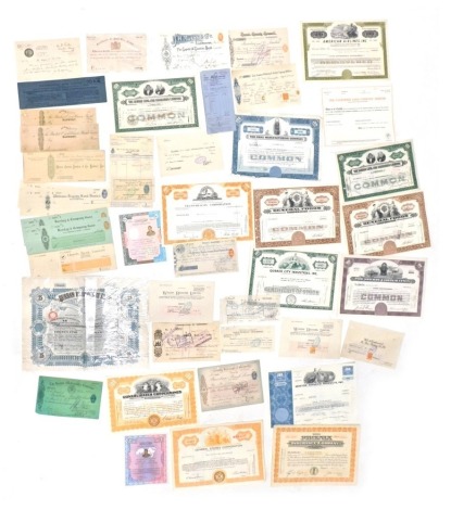 A collection of UK and Chinese share certificates for the Grain Manufacturing Company, exchange tax notes, ephemera, Cavendish Land Company Limited shares, Phoenix Insurance Company shares, General Food Corporation shares, American Airlines hundred share