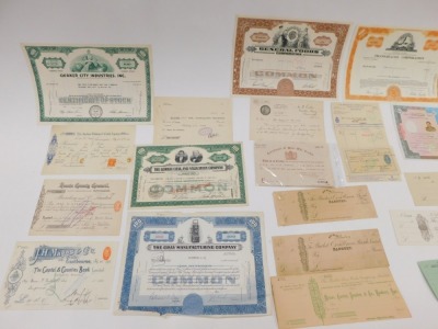 A collection of UK and Chinese share certificates for the Grain Manufacturing Company, exchange tax notes, ephemera, Cavendish Land Company Limited shares, Phoenix Insurance Company shares, General Food Corporation shares, American Airlines hundred share - 2