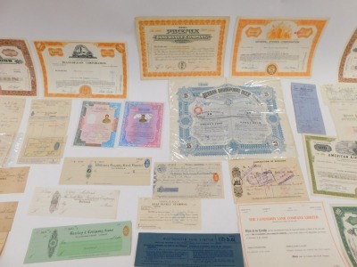 A collection of UK and Chinese share certificates for the Grain Manufacturing Company, exchange tax notes, ephemera, Cavendish Land Company Limited shares, Phoenix Insurance Company shares, General Food Corporation shares, American Airlines hundred share - 3