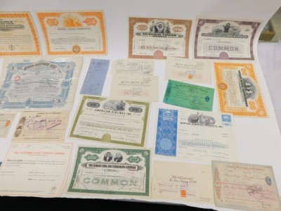 A collection of UK and Chinese share certificates for the Grain Manufacturing Company, exchange tax notes, ephemera, Cavendish Land Company Limited shares, Phoenix Insurance Company shares, General Food Corporation shares, American Airlines hundred share - 4