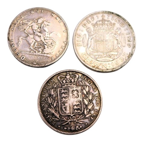 Three George III and later silver crowns, comprising 1820, 1937 and 1845, 84g. (3)