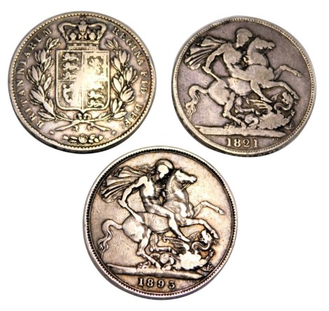 Three George III and later silver crowns, comprising George III 1821, Victoria 1893, and Victoria 1845, 83.1g all in.