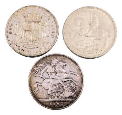 Three Victorian and later silver crowns, comprising Victorian 1893, George VI 1937 and George V 1935, 84.3g all in. (3)