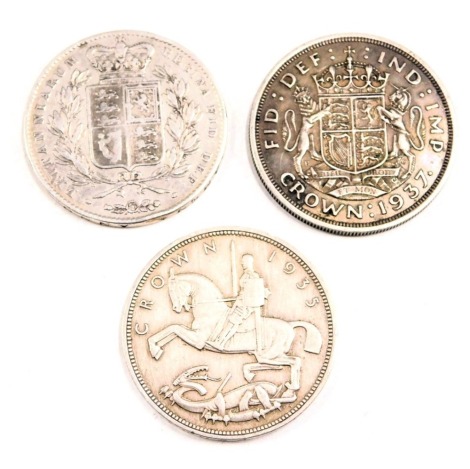 Three Victorian and later silver crowns, comprising George V 1935, George VI 1937 and Victoria 1844, 84.3g all in. (3)