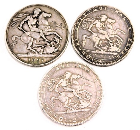 Three George III and later silver crowns, comprising two 1820 and a Victorian 1897, 83.7g all in. (3)