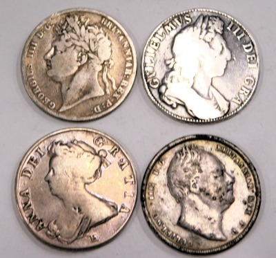 Four George III and later crowns, comprising 1825, 1837, 1708 and 1700, 53g all in. (4) - 2